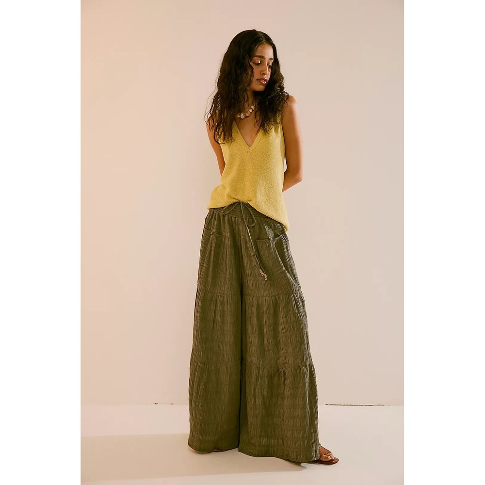 Free People In Paradise Wide Leg Pants Tan Smocked Tiered Boho Size S